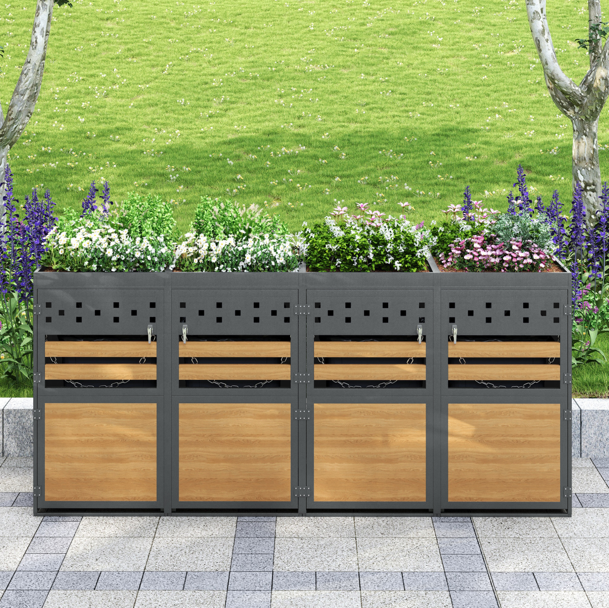 Mülltonnenbox 4er Mit Bepflanzbarem Dach, 120–240 L, Anthrazit Und Holzoptik Okmyhome