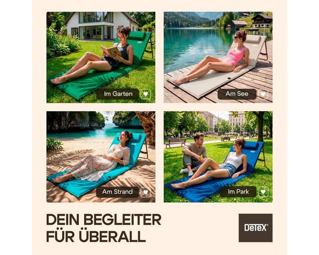 Detex® 2x Strandmatte Mit Rückenlehne Gepolstert Grün Sonnenliege Klappbar Uv-beständig Tasche Reißverschluss Kissen Tragegurt Garten Camping Picknick Liegematte 158x56cm