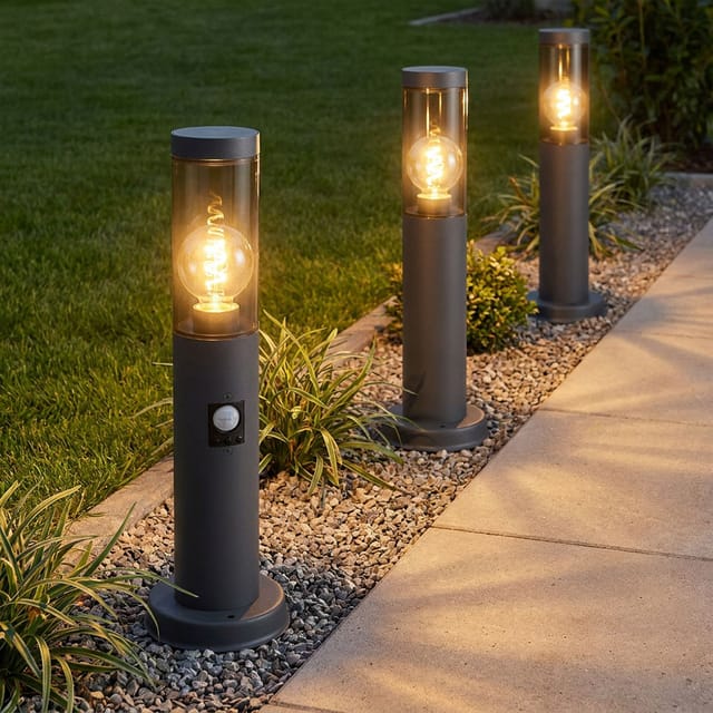 Außenstehlampe Mit Bewegungsmelder Pollerleuchte Außen Sockelleuchte Gartenlampen Anthrazit Ip44, Edelstahl Rauchfarben, 1x E27 Fassung, Dxh 7,6x45cm, 3er Set