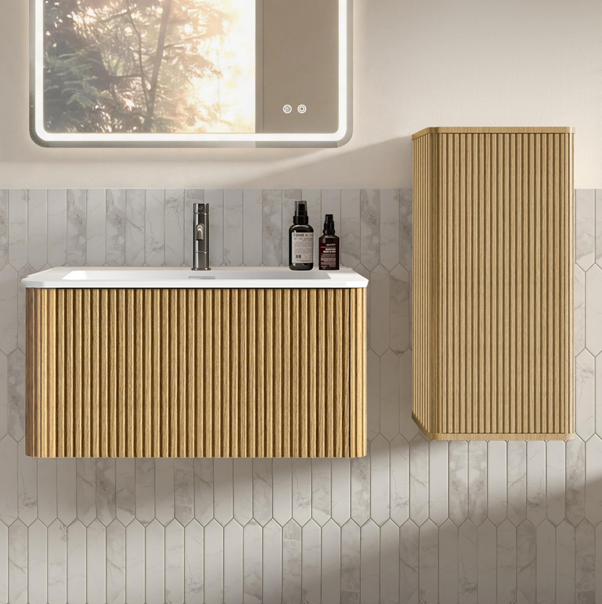 Badmöbel-set Mit Waschbeckenunterschrank Und Seitenschrank, Eichefarben Okmyhome