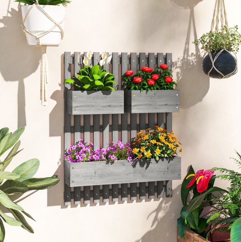 3er Wand-blumenkübel Aus Holz, Grau, 60 X 16 X 80 Cm, Okmyhome