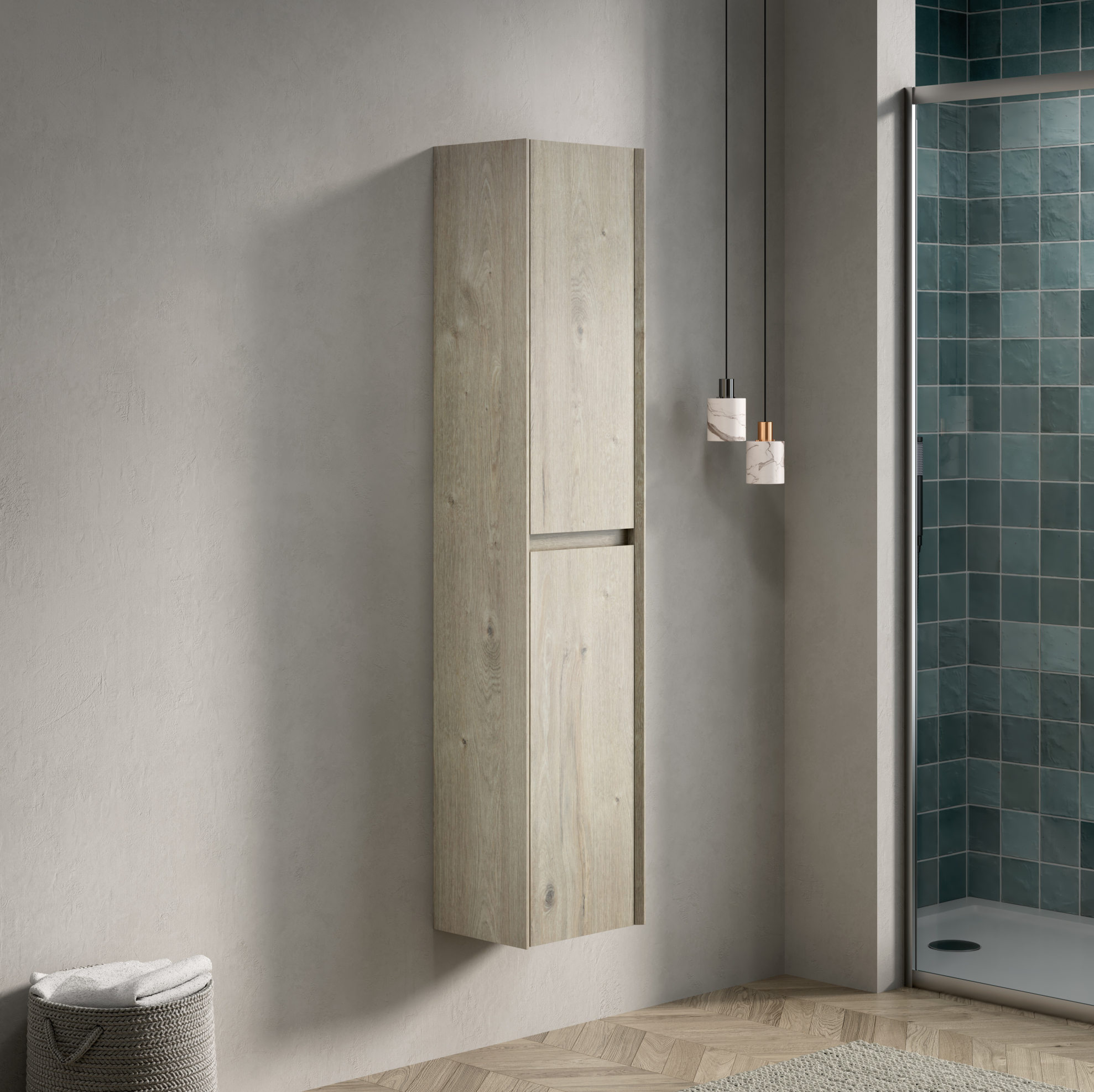 Okmyhome Bad-hängeschrank Mit 2 Türen, 30 X 24 X 140 Cm, Cremeweiß