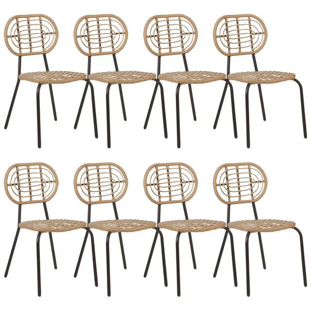 Gartenstuhl 8er Set Natürlich Pe-rattan Mit Schwarzem Metallgestell Hoher Rückenlehne Boho Garten Outdoor Terrasse Ausstattung Möbel