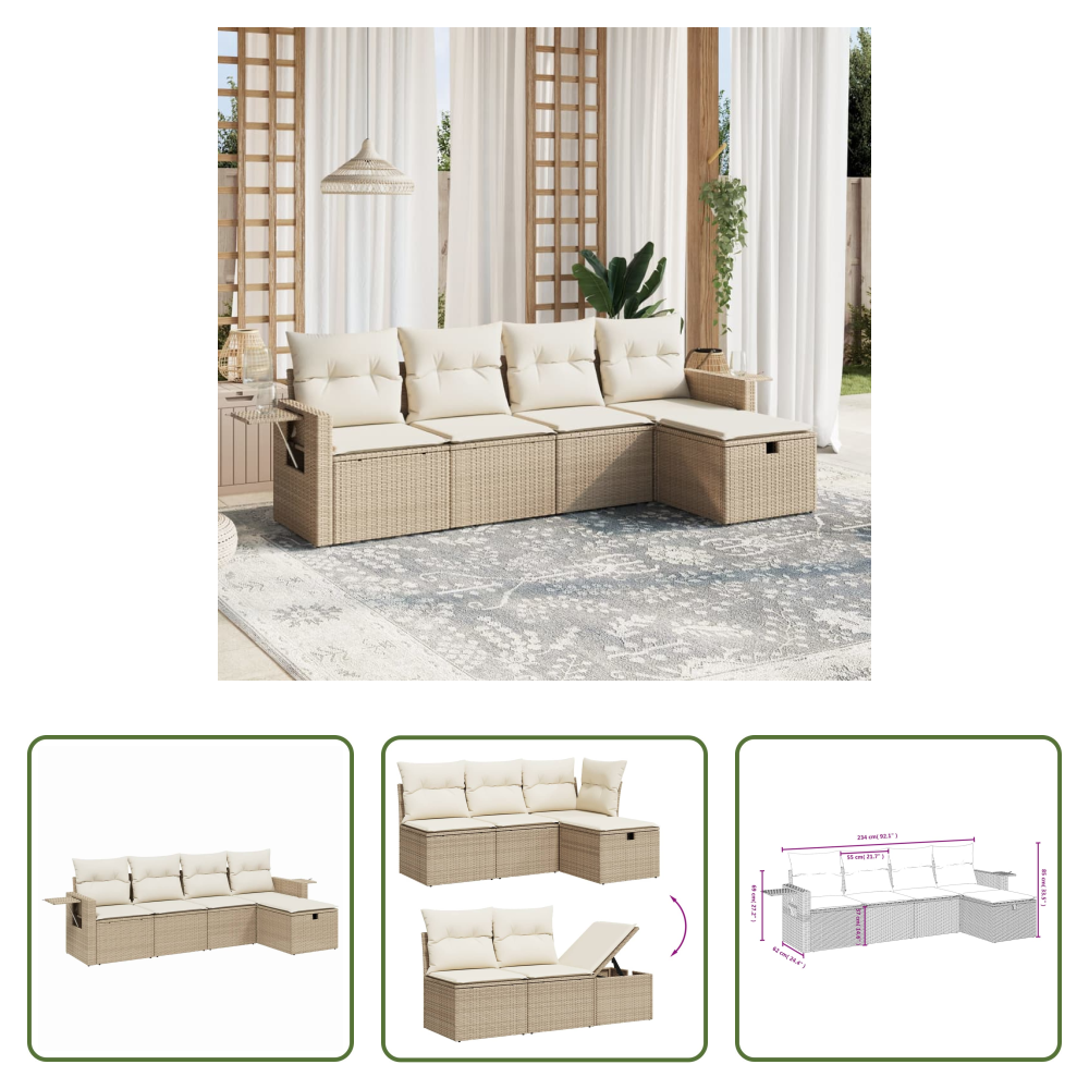 Gartensessel - 5-tlg. Garten-sofagarnitur Mit Kissen Beige Poly Rattan