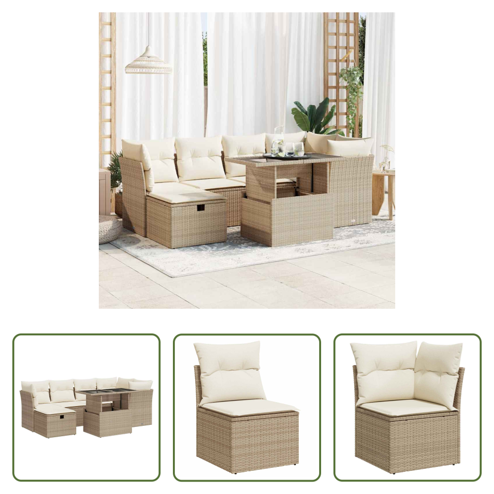 Vidaxl Gartenterrasse - 7-tlg. Garten-sofagarnitur Mit Kissen Beige Poly Rattan