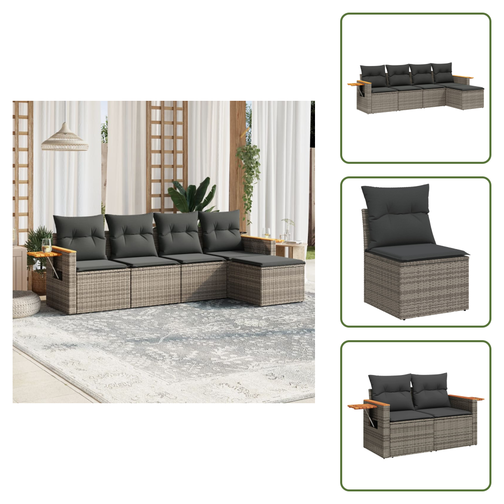 The Living Store 5-tlg. Garten-sofagarnitur Mit Kissen Grau Poly Rattan - Gartensorganisation - Outdoor Möbel - Gartenlounge - Lounge Set - Rattan Gartenmöbel