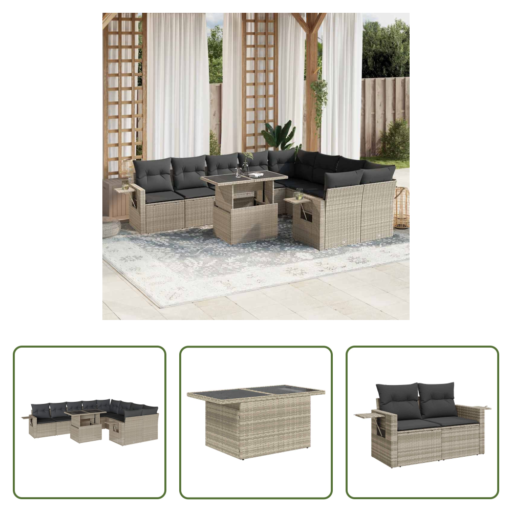 Vidaxl Poly Rattan - 10-tlg. Garten-sofagarnitur Mit Kissen Hellgrau Poly Rattan