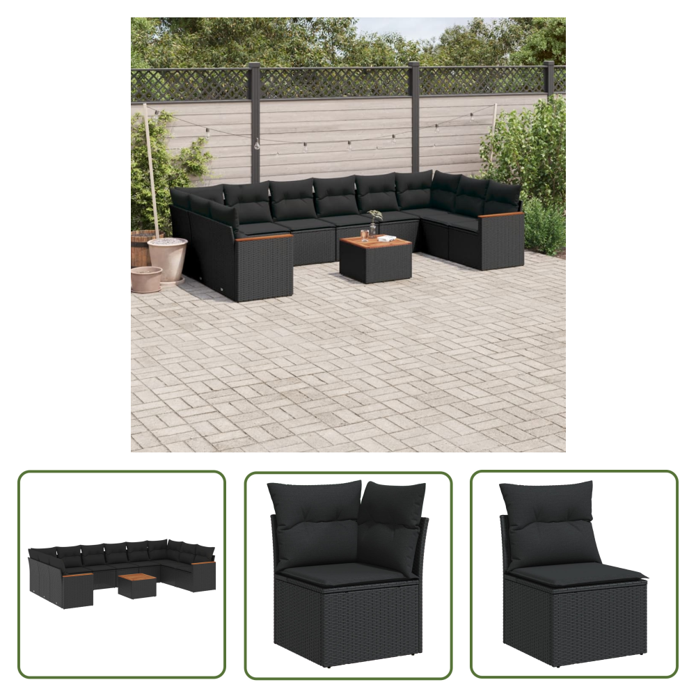 The Living Store 11-tlg. Garten-sofagarnitur Mit Kissen Schwarz Poly Rattan - Gartenmöbel - Sofasatz - Outdoor-lounge - Pe-rattan - Gartentisch