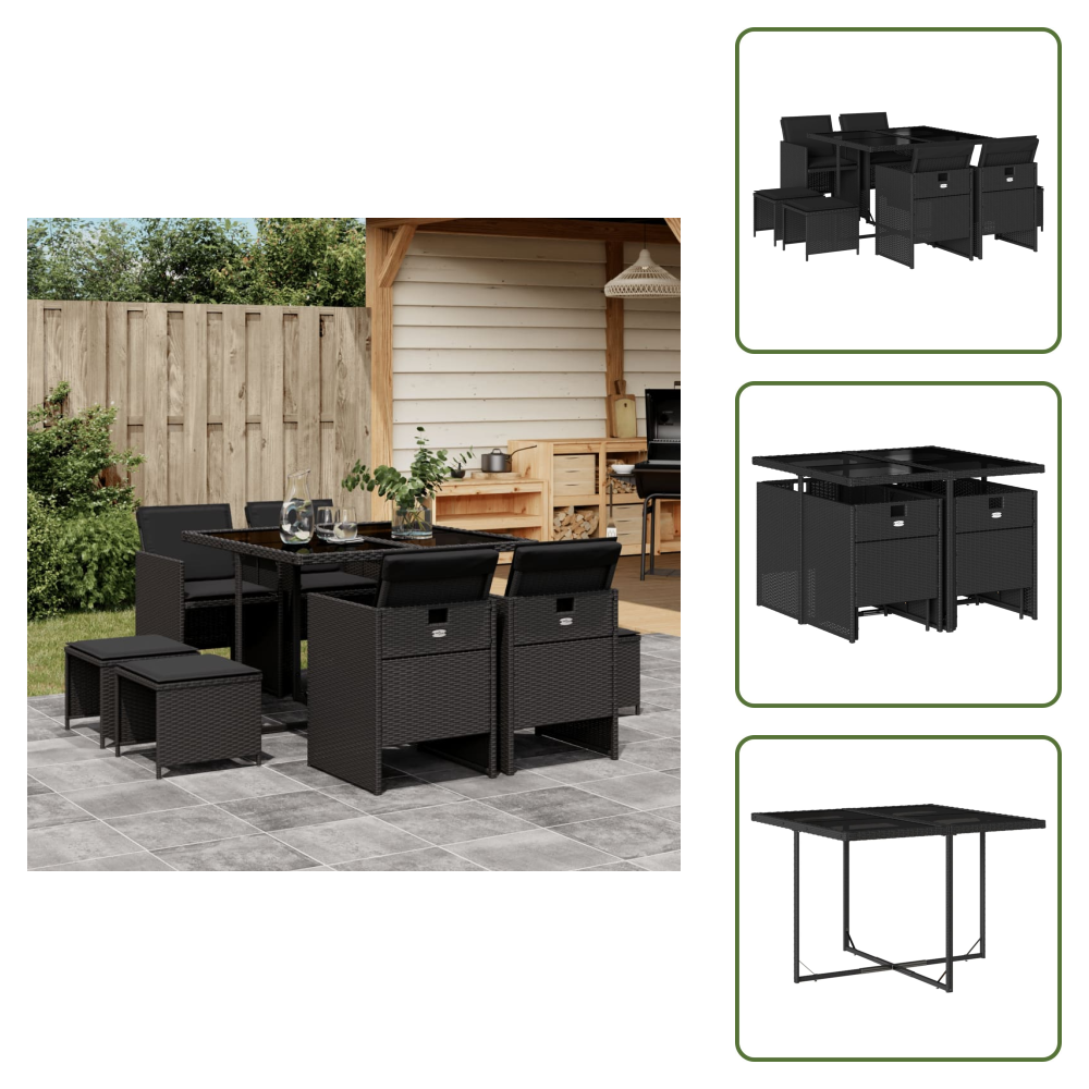 The Living Store 9-tlg. Garten-essgruppe Mit Kissen Schwarz Poly Rattan - Gartentisch - Gartenset - Gartenmöbel - Esstisch - Outdoor Möbel