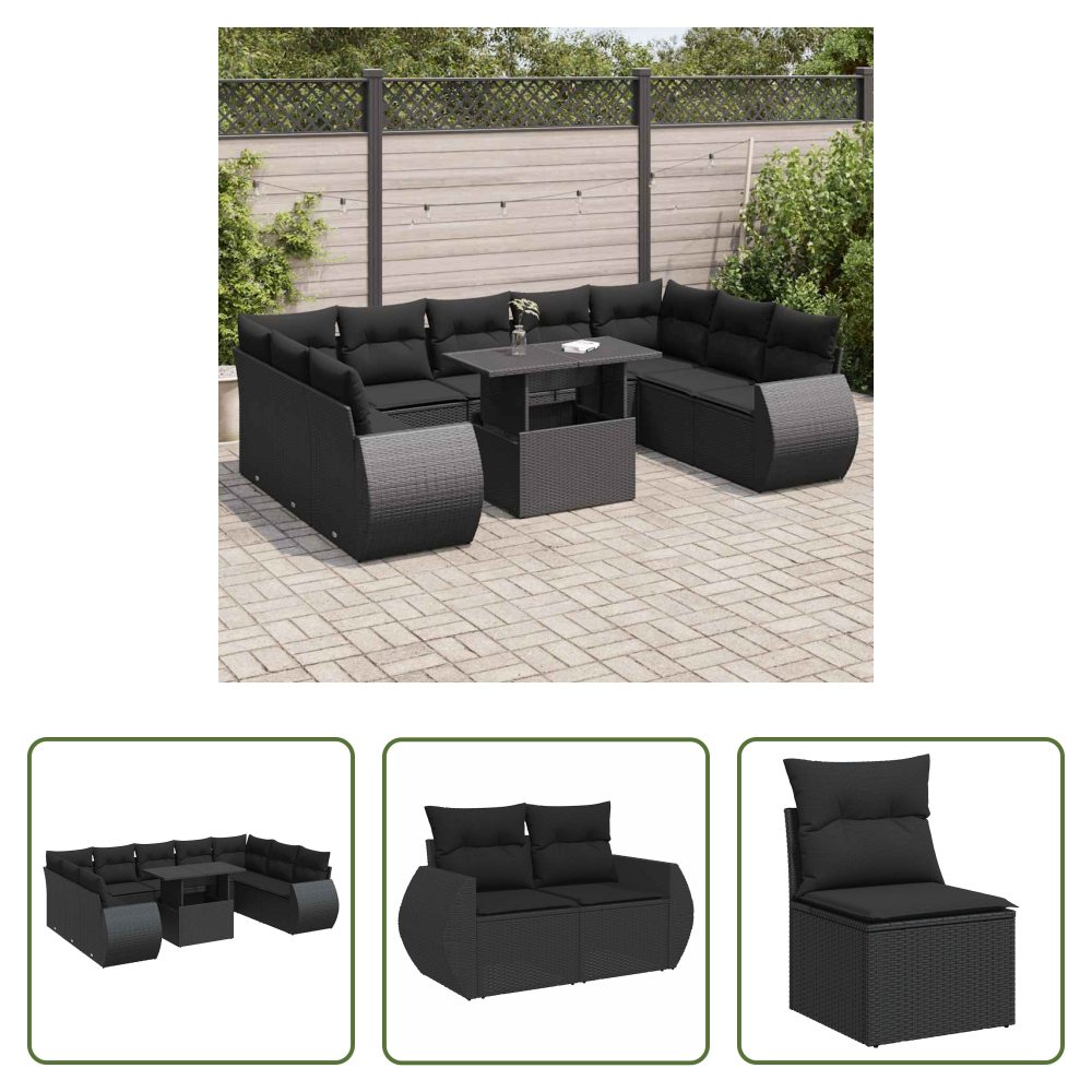 Vidaxl Rattanmöbel - 10-tlg. Garten-sofagarnitur Mit Kissen Schwarz Poly Rattan