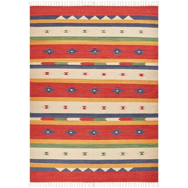 Kelim-teppich Mehrfarbig Baumwolle 140 X 200 Cm Mit Fransen Geometrischem Muster Handgewebt Zweiseitig Modern Boho Wohnzimmer Schlafzimmer