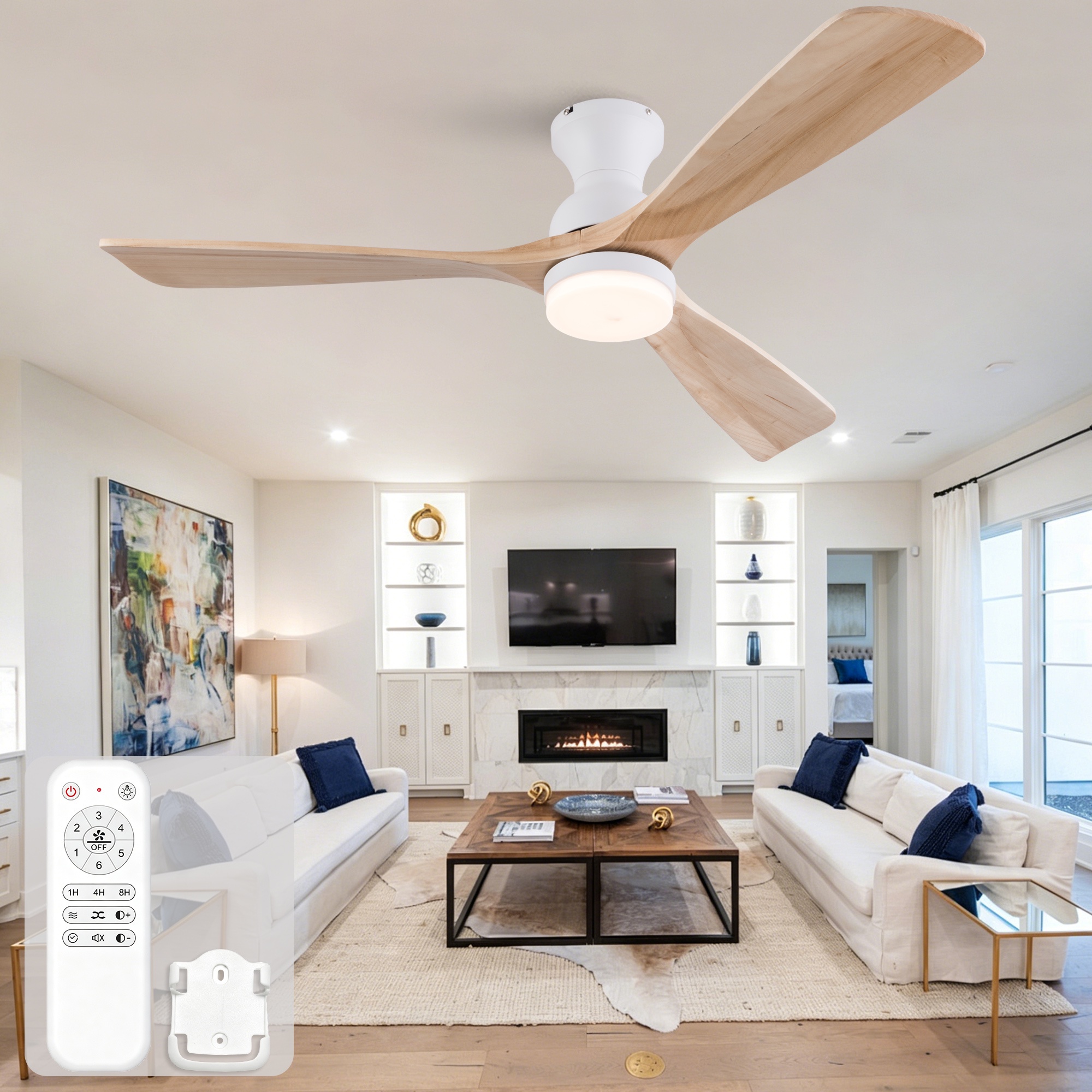 Deckenventilator Mit Beleuchtung Und Fernbedienung, Leise Für Schlafzimmer Und Wohnzimmer, 3 Massivholzflügel, 132 Cm, Naturholz