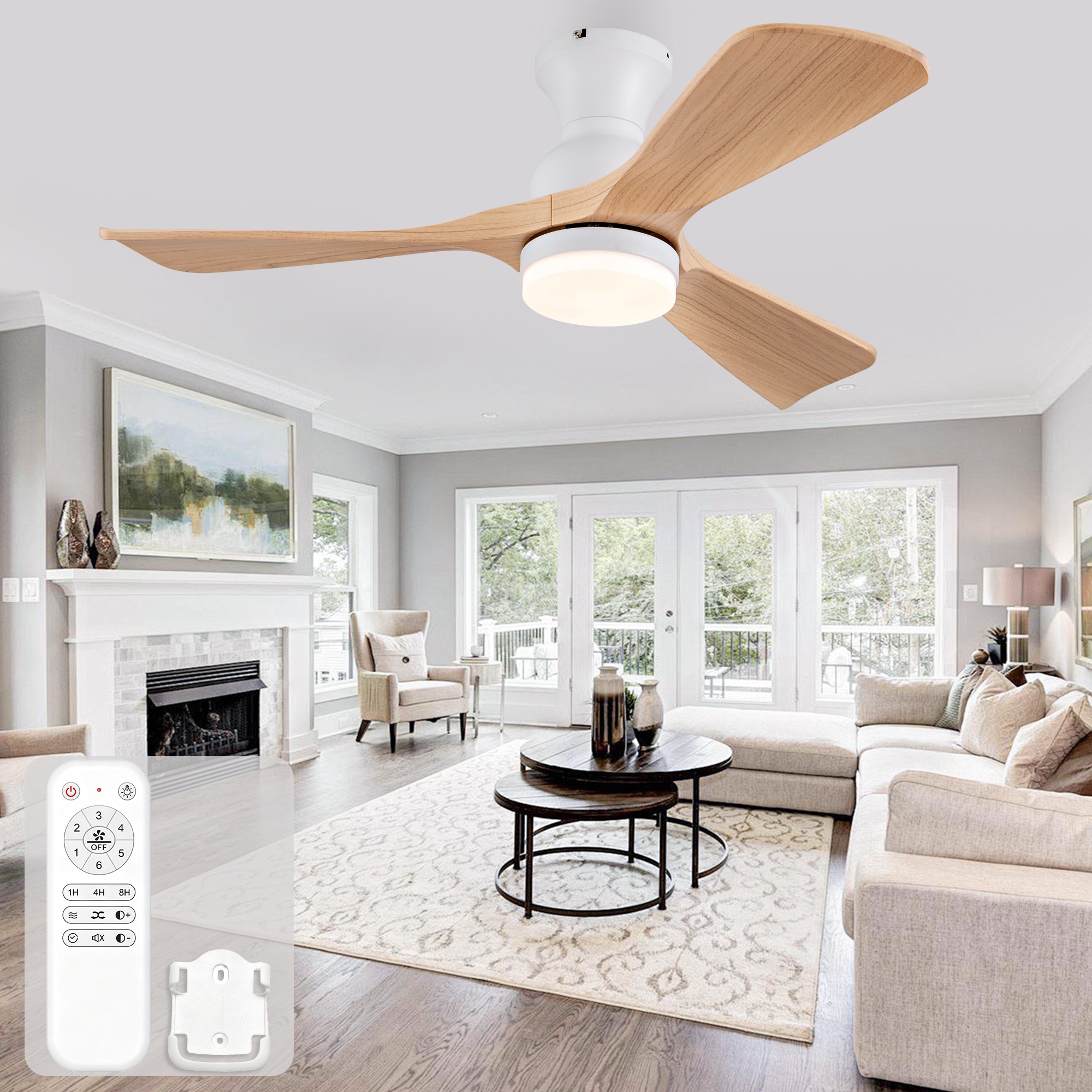 Deckenventilator Mit Led-licht, Leise, Metall Und Abs In Holzoptik, 106 Cm / 42 Zoll, Reversibler Dc-motor, Weiß Und Natur