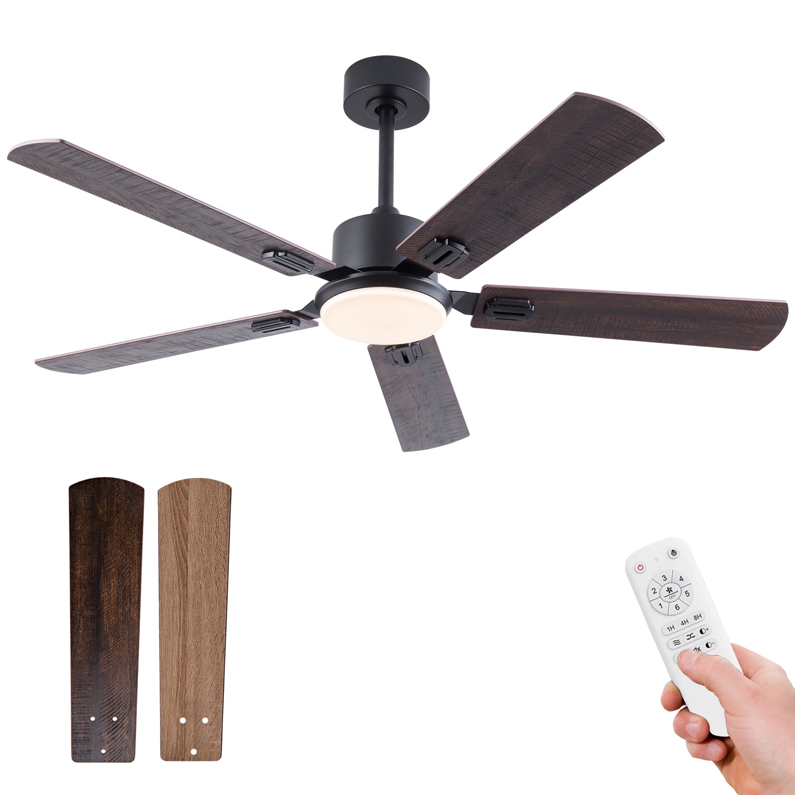 Deckenventilator Mit Licht, Leise Mit Fernbedienung Für Wohnzimmer Und Schlafzimmer, Metall Und Holz, 132 Cm, 5 Flügel, Schwarz Und Dunkelwalnuss