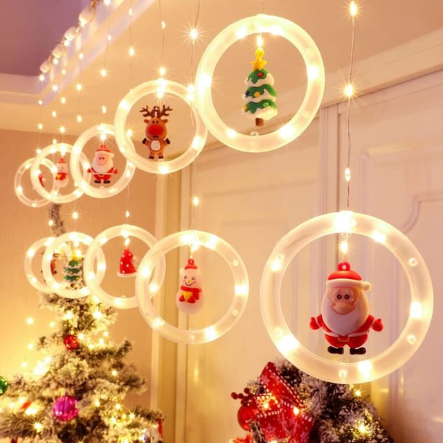Weihnachts-lichtvorhang, 3 M, Girlande, Lichtvorhang, Innenbereich, Fenster, Usb, Warmweiß, 10 Ringe Mit 3d-weihnachtsfiguren-lichtern, Dekoration, Schlafzimmer, Zuhause, Party, Warmweiß