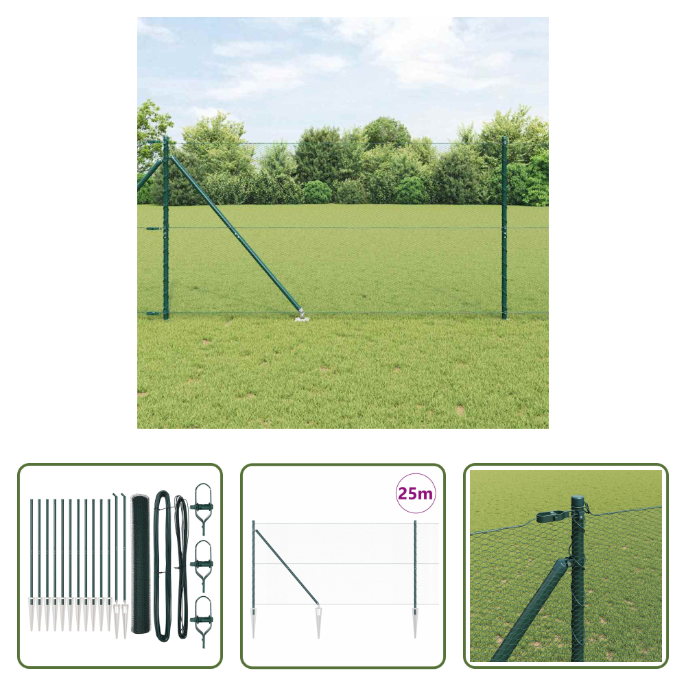 Außenzaun - Zaunpfosten Grün 25 X 1,4 M (13 Mm Mesh) Stahl Und Pvc