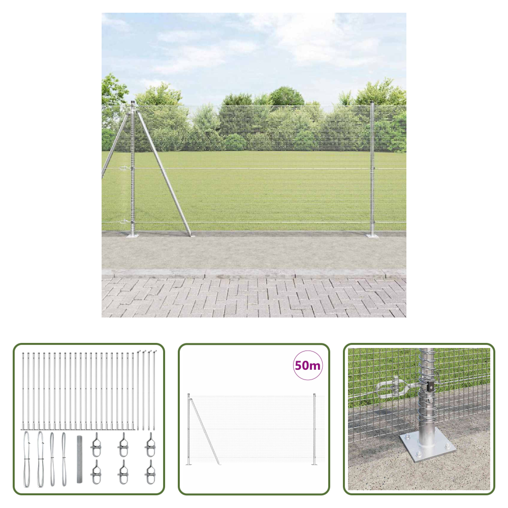 Vidaxl Silber Zaunpfosten - Zaunpfosten Silber 50 X 1,2 M (12 X 12 Mm Maschen) Stahl