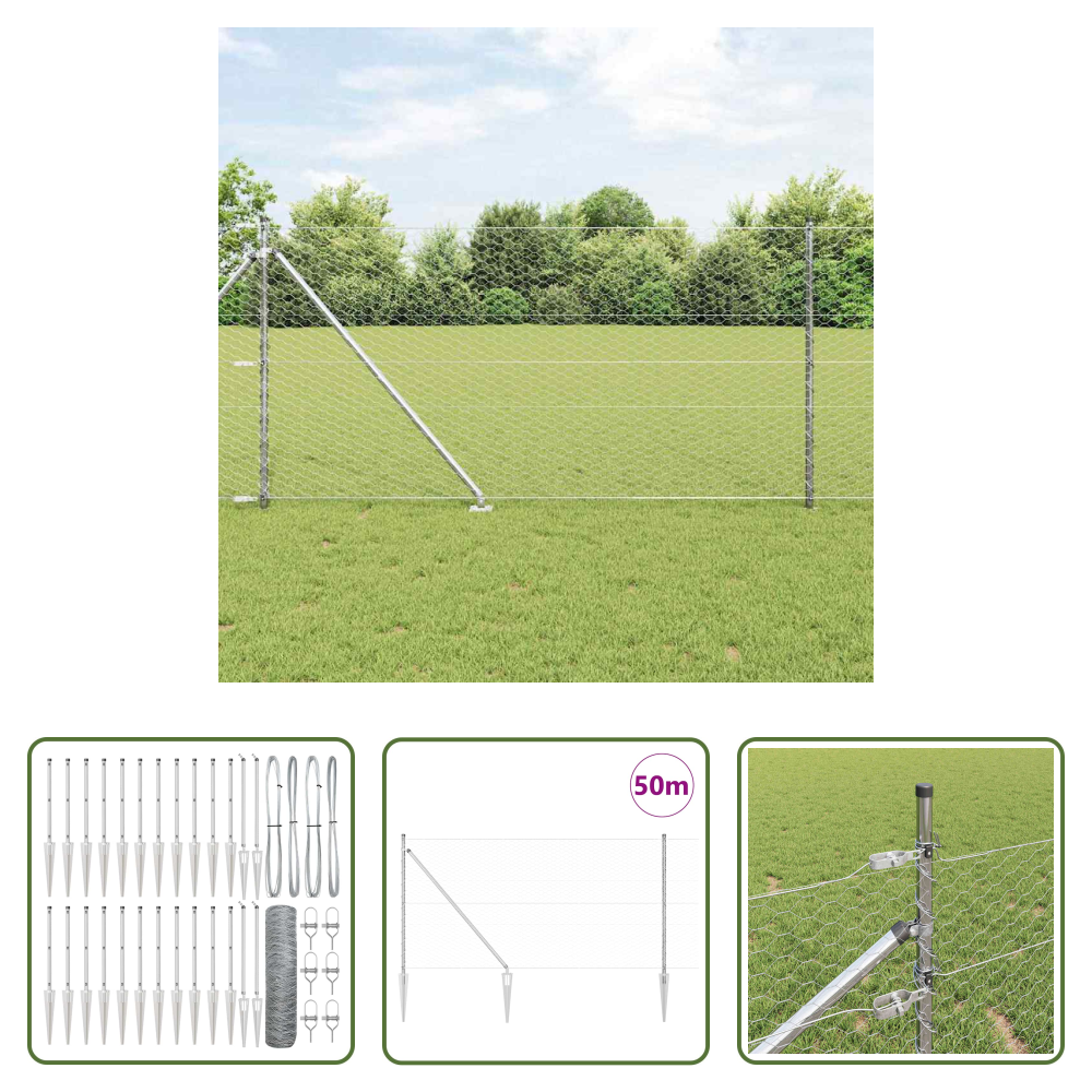 Außenzaun - Zaunpfosten Silber 50 X 1 M (36 Mm Maschen) Stahl