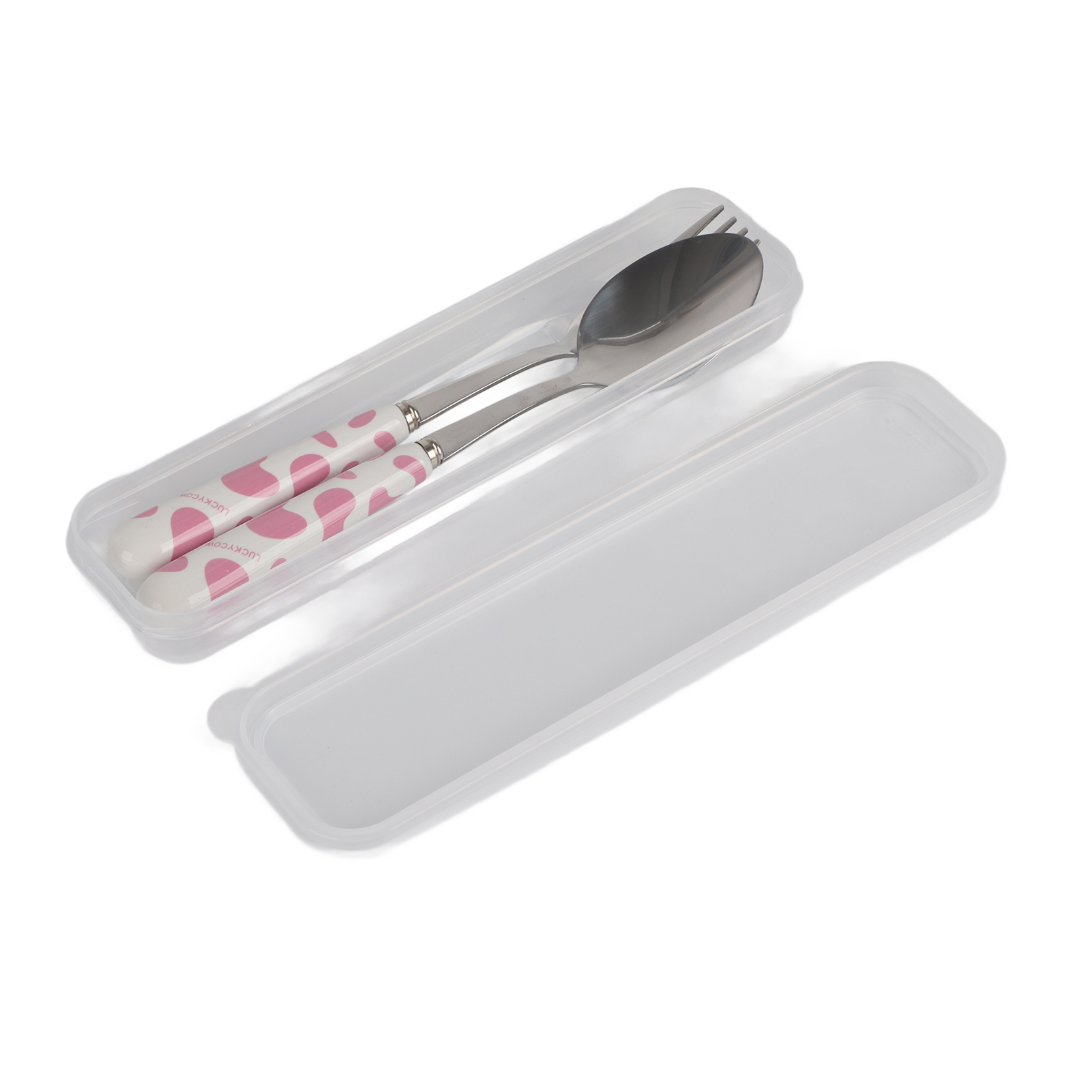 Set Aus 2 Rosafarbenen Edelstahl-küchenbesteckteilen, Bestehend Aus Messer, Gabel Und Löffel, Inklusive Schachtel.