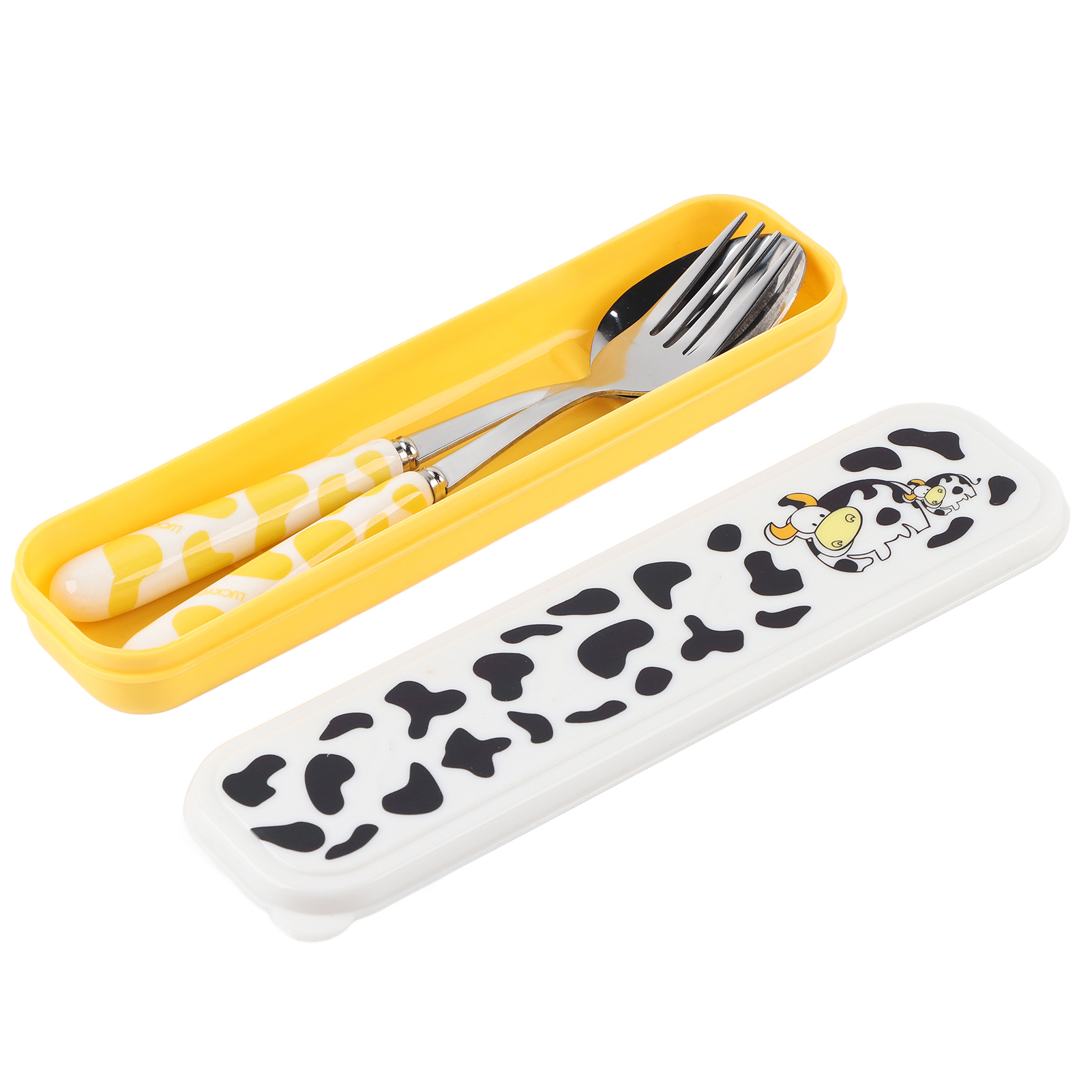 Set Aus 2 Edelstahl-küchenbesteckteilen (messer, Gabel, Löffel) Mit Box, Gelb, Für Kinder.