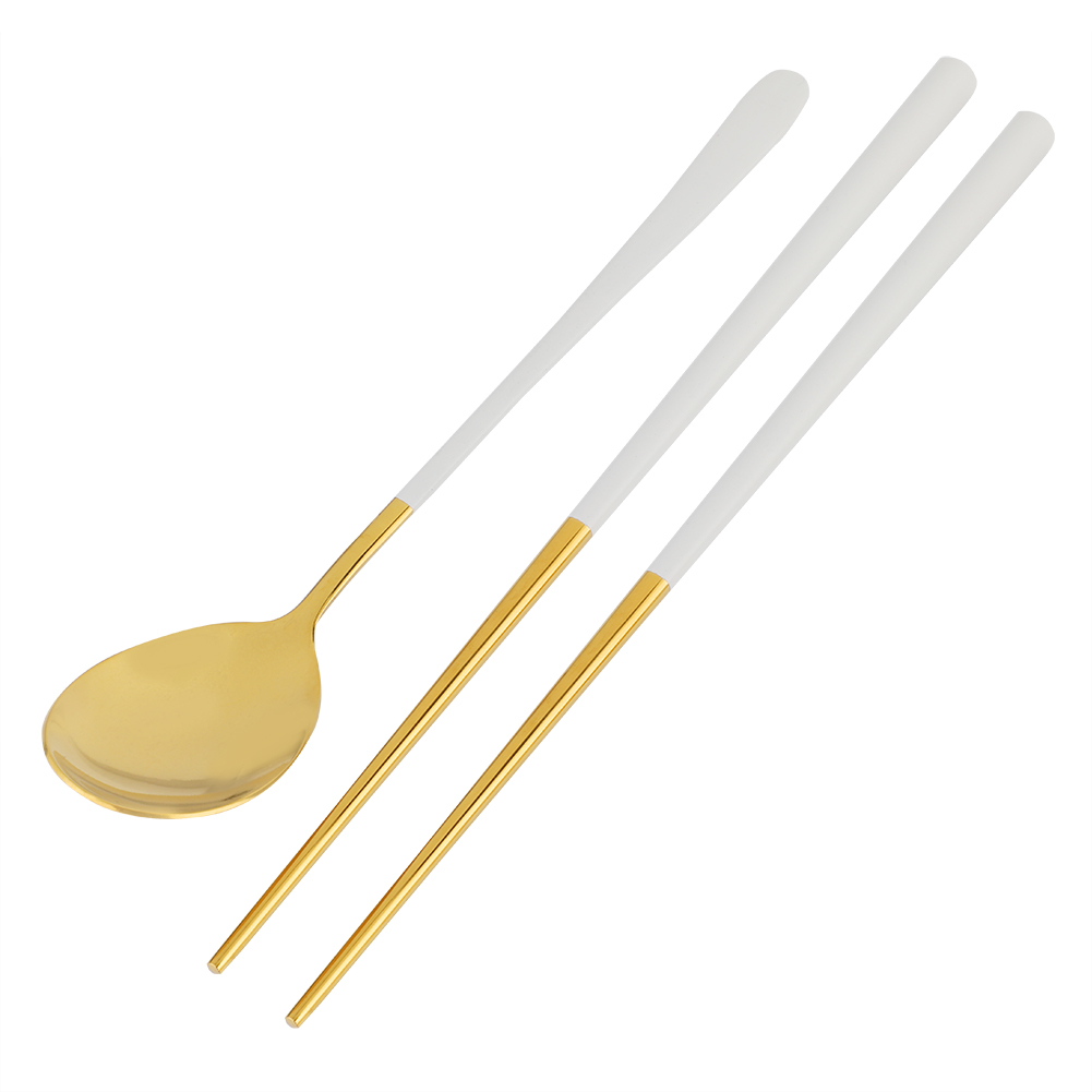 Set Aus Wiederverwendbaren Essstäbchen Und Löffeln Aus Edelstahl (weiß Und Gold)