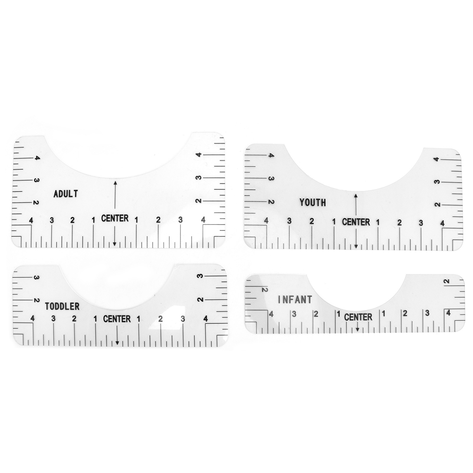 Set Mit 4 Transparenten Linealen Zum Messen Von Baby- Und Kleinkinderkleidung.