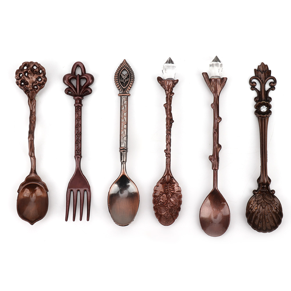 Innovatives 6-teiliges Vintage-retro-besteckset Aus Zinklegierung, Löffel Und Gabeln, Küchenaccessoire (rote Bronze (herzförmiger Gabelgriff))