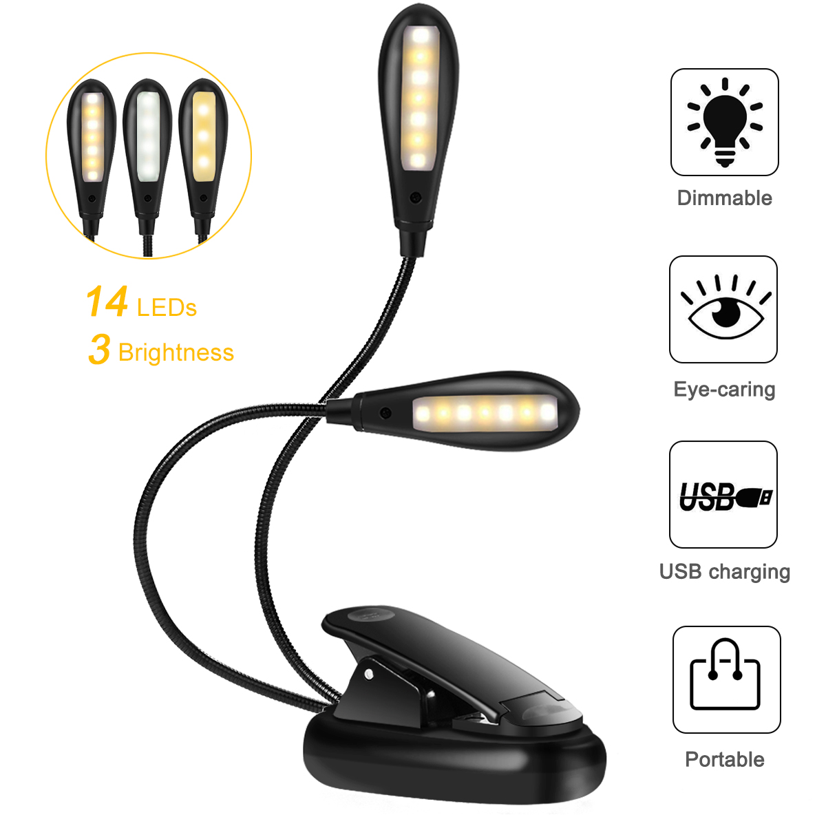 Wiederaufladbare Usb-leselampe Mit 14 Leds Und Flexiblem Clip Zum Schutz Der Augen.