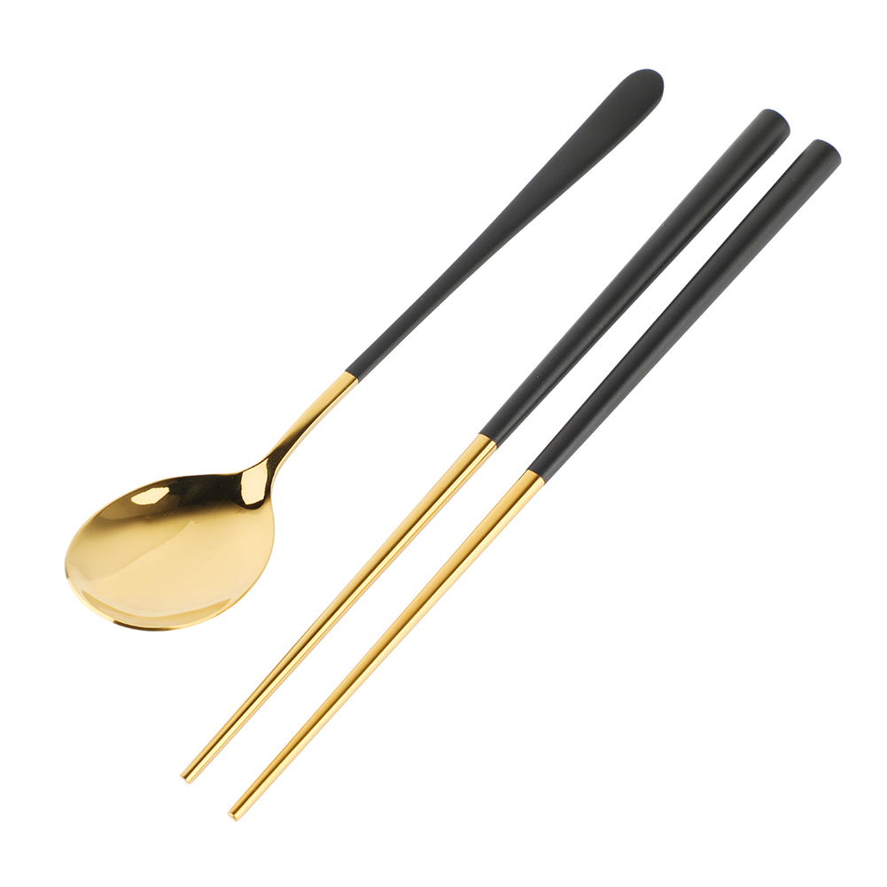Set Aus Wiederverwendbaren Essstäbchen Und Löffeln Aus Edelstahl (schwarz Und Gold)