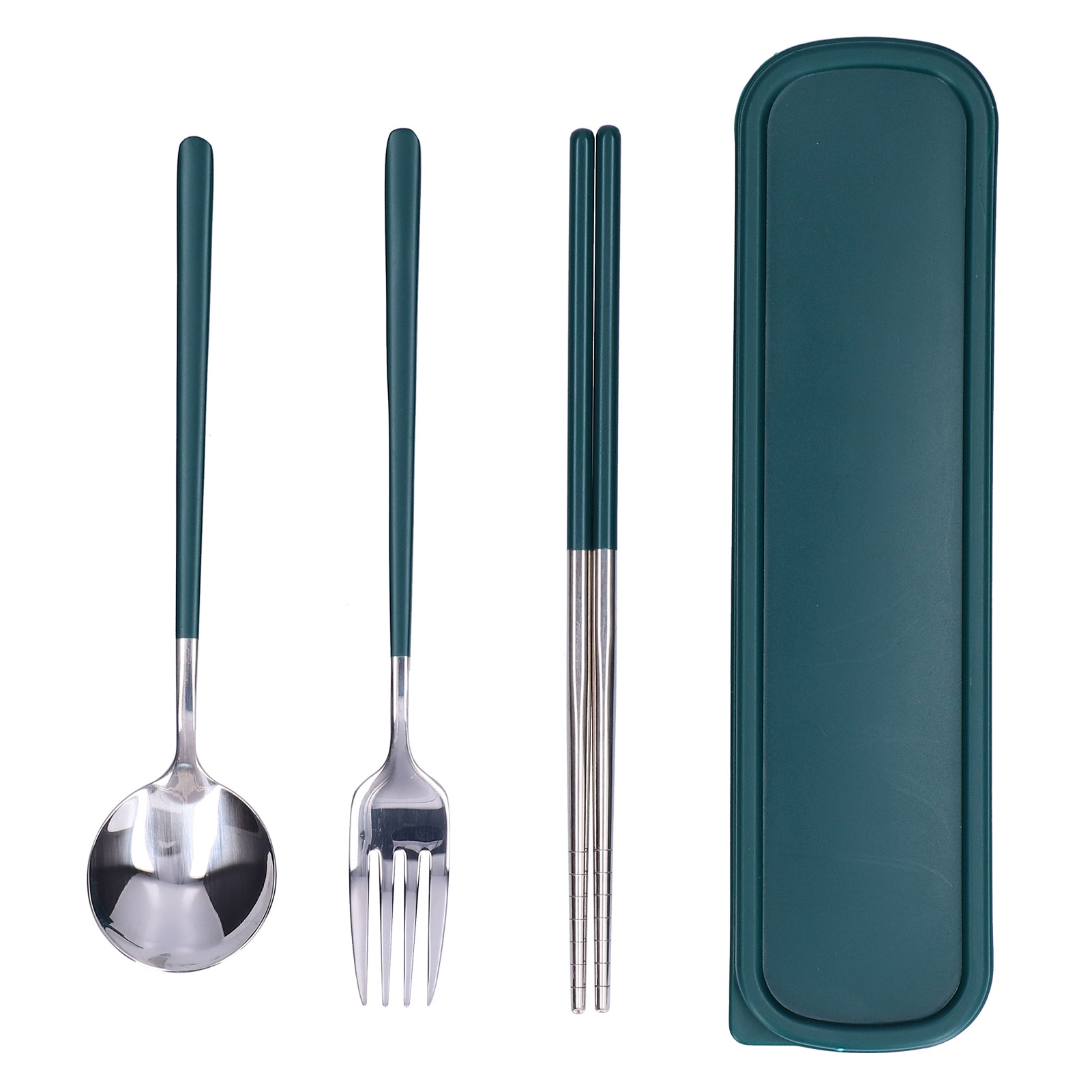 3-teiliges Besteckset Aus Lackiertem Edelstahl, Bestehend Aus Essstäbchen, Löffel Und Gabel, Für Küche Und Büro. Silbergrün.