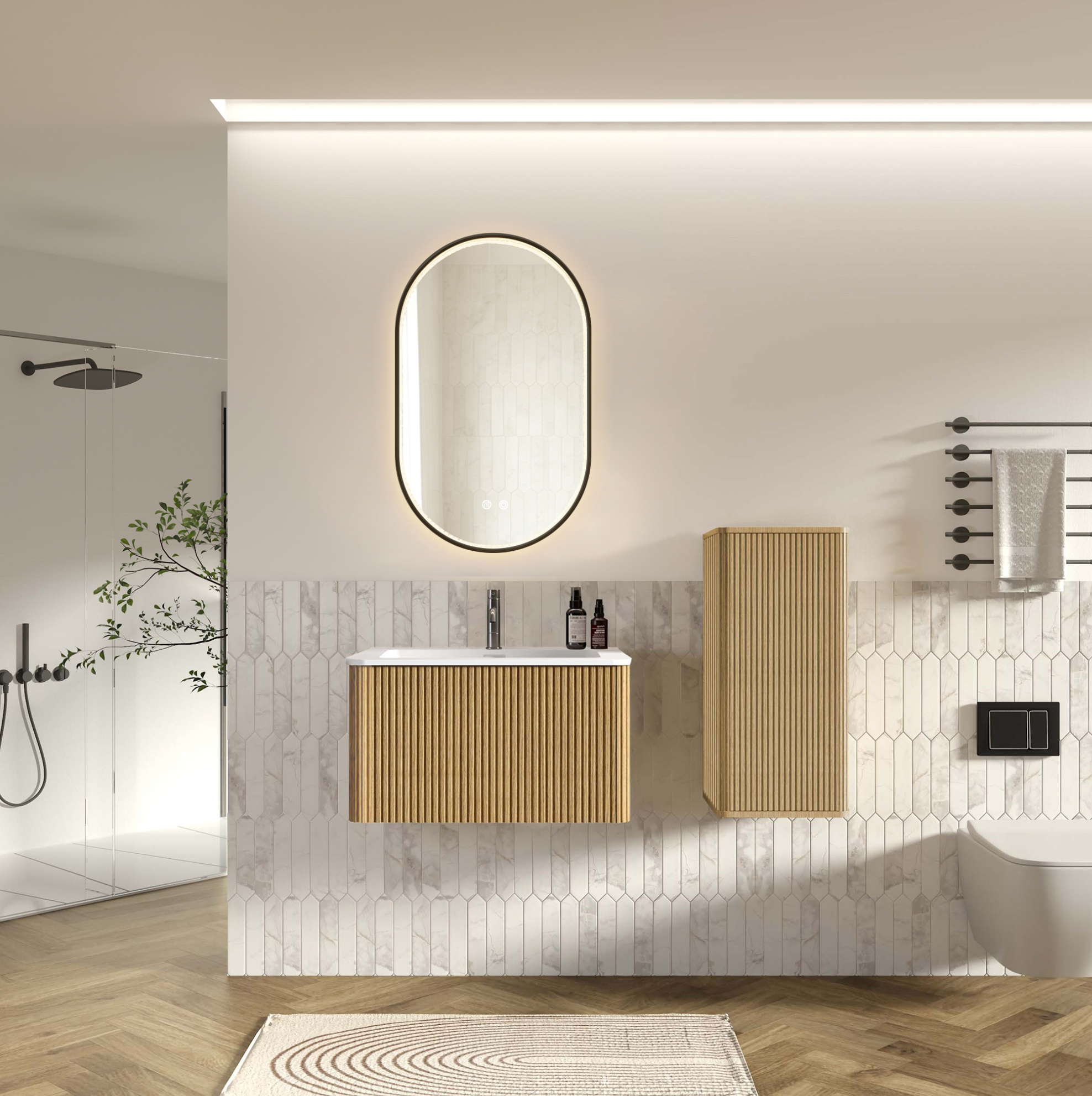 Badmöbel-set Mit Led-spiegel, Waschbecken Und Seitenschrank, 81 Cm, Eichefarben Okmyhome