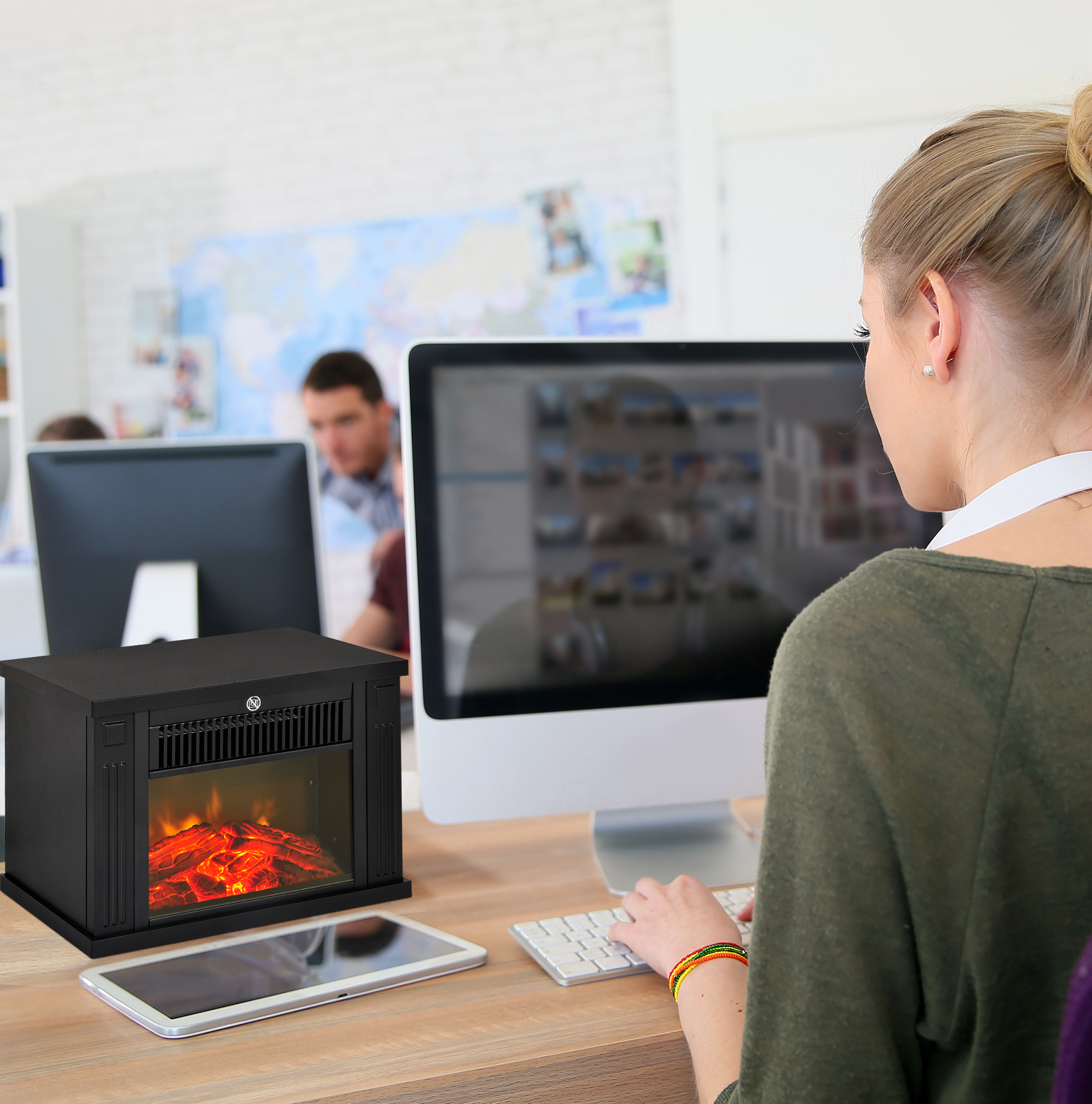 Freistehender Elektrischer Kamin 600/1200 W Mit Realistischem Flammeneffekt, Schwarz Okmyhome
