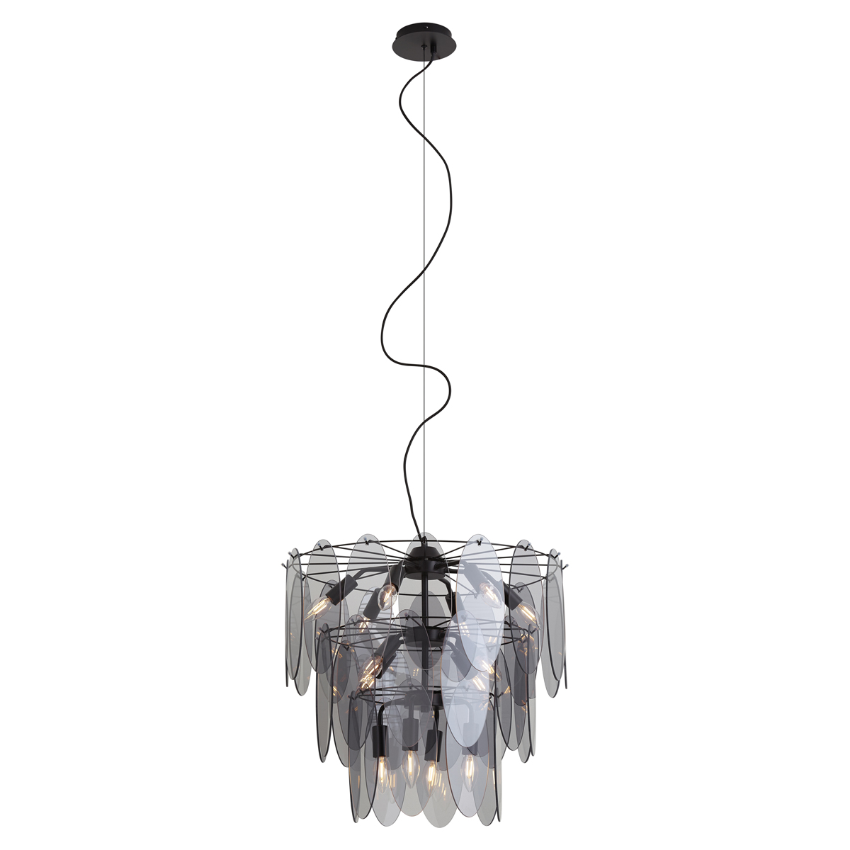 Qazqa Art Deco Hanglamp Zwart Met Smoke Glas Ovaal 14-lichts -