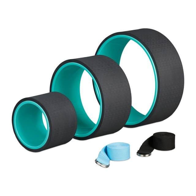 Relaxdays Yogarad 3er Set, Ø: 33, 26,5, 17 Cm, Mit 2 Yogagurten, Yogaringe Für Stretching, Kunststoff, Türkis/schwarz