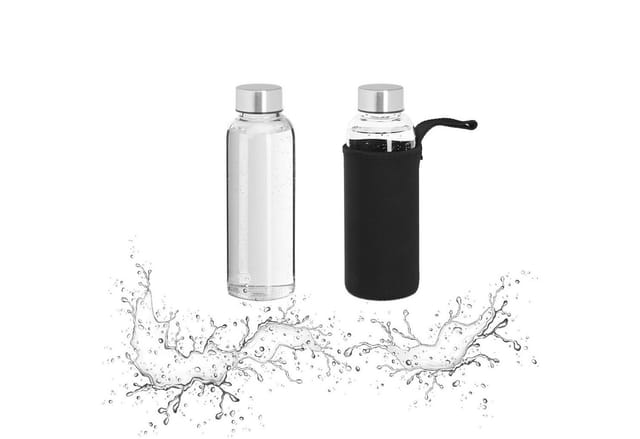 Relaxdays Trinkflasche Glas, 2er Set, 360ml, Auslaufsicher, Spülmaschinenfest, Hülle, Wasserflasche, Transparent/schwarz