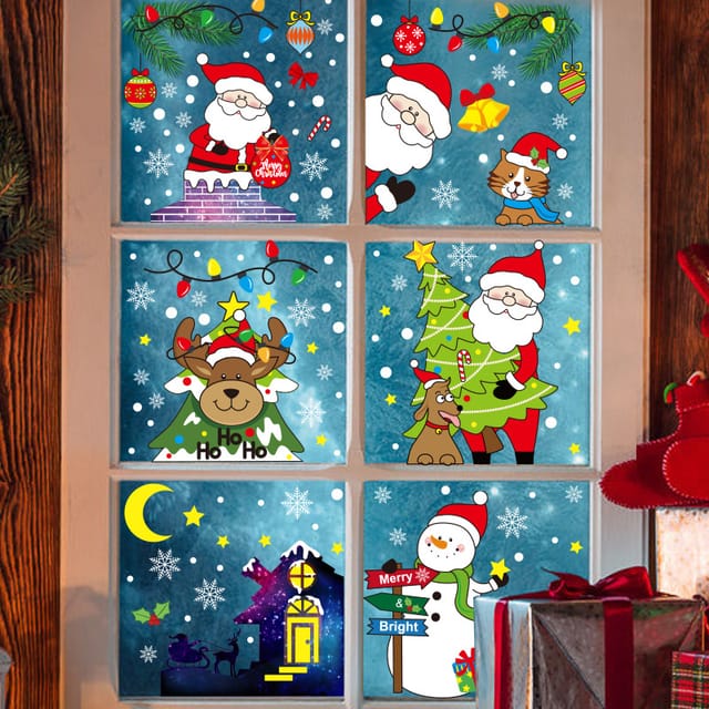Set Bq178 - 183 (von 6), Statische Fensteraufkleber Weihnachten Große Fensteraufkleber Weihnachtsmann Schneemann Rentier Frohe Weihnachten Schneeflocke Fensterdeko Fenster