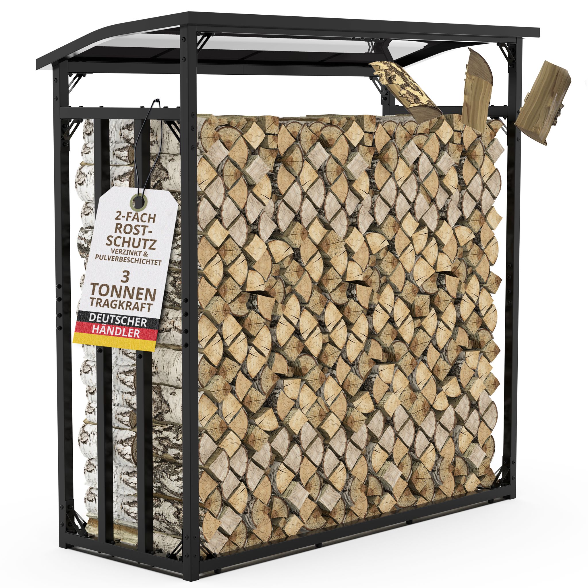 Kaminholzregal Außen Metall Verzinkt Dach 188x70x188 Schwarz, Stapelhilfe Garten Brennholz Lager Holz Unterstand