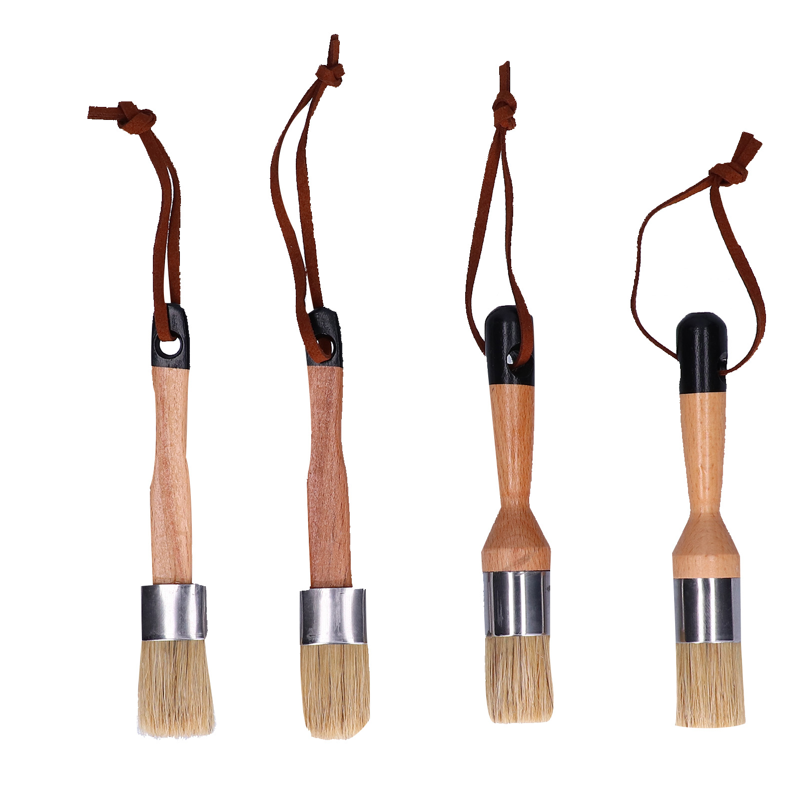Set Aus 4 Runden Pinseln Mit Holzgriffen Zum Streichen Und Wachsen Von Möbeln Und Zum Dekorieren Des Hauses.