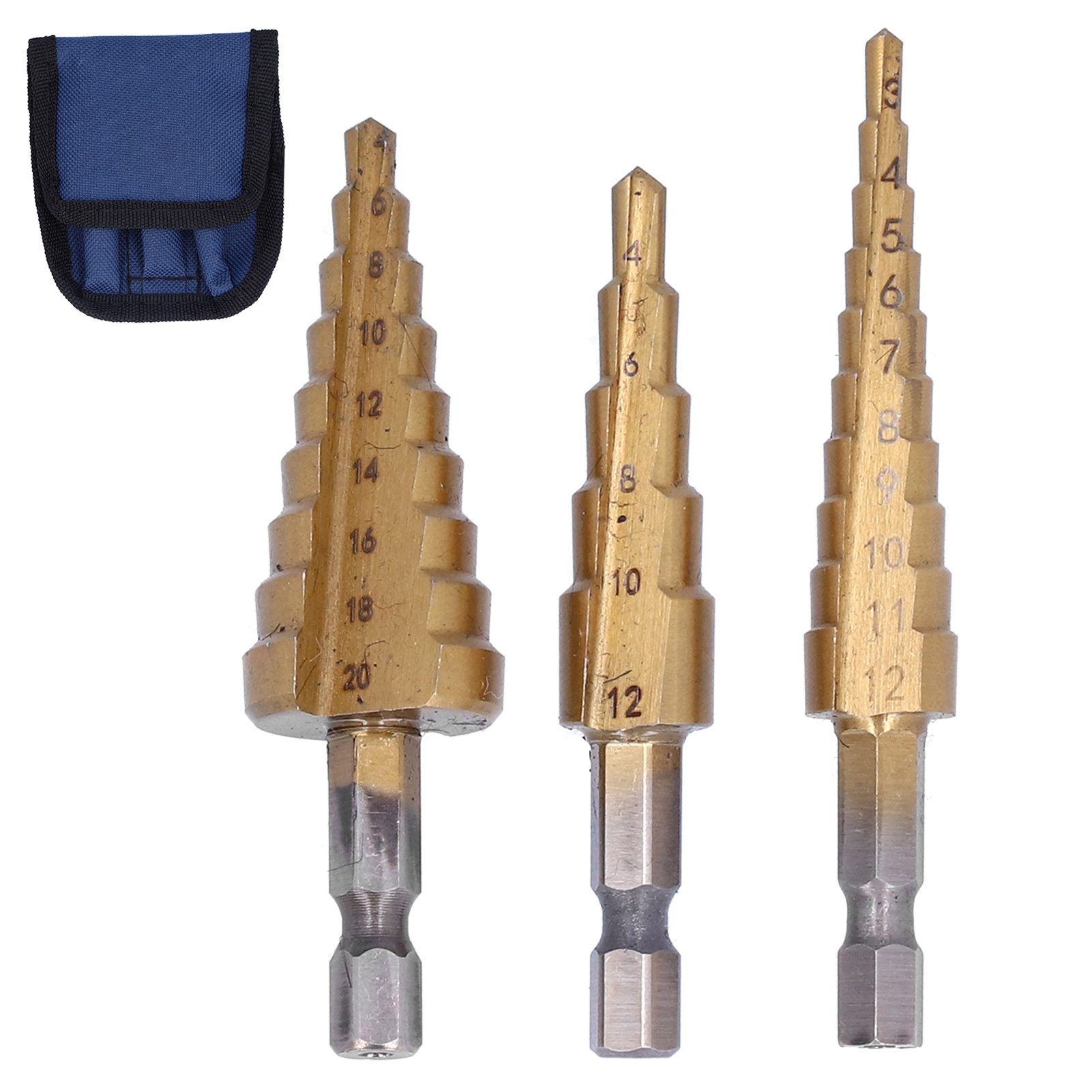 Set Mit 3 Hss-stufenbohrern, Sechskantschaft, Gerader Nut, Inklusive Aufbewahrungstasche