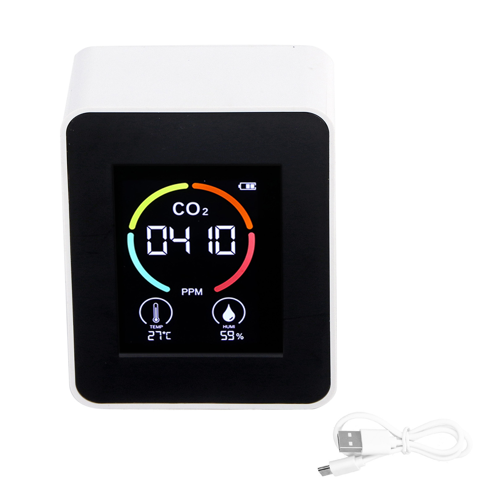 Festkörper-kohlendioxiddetektor, Usb-ladefunktion, Lcd-bildschirm, Temperatur- Und Feuchtigkeitsmessung, Luftqualitätsdetektor, Weiß