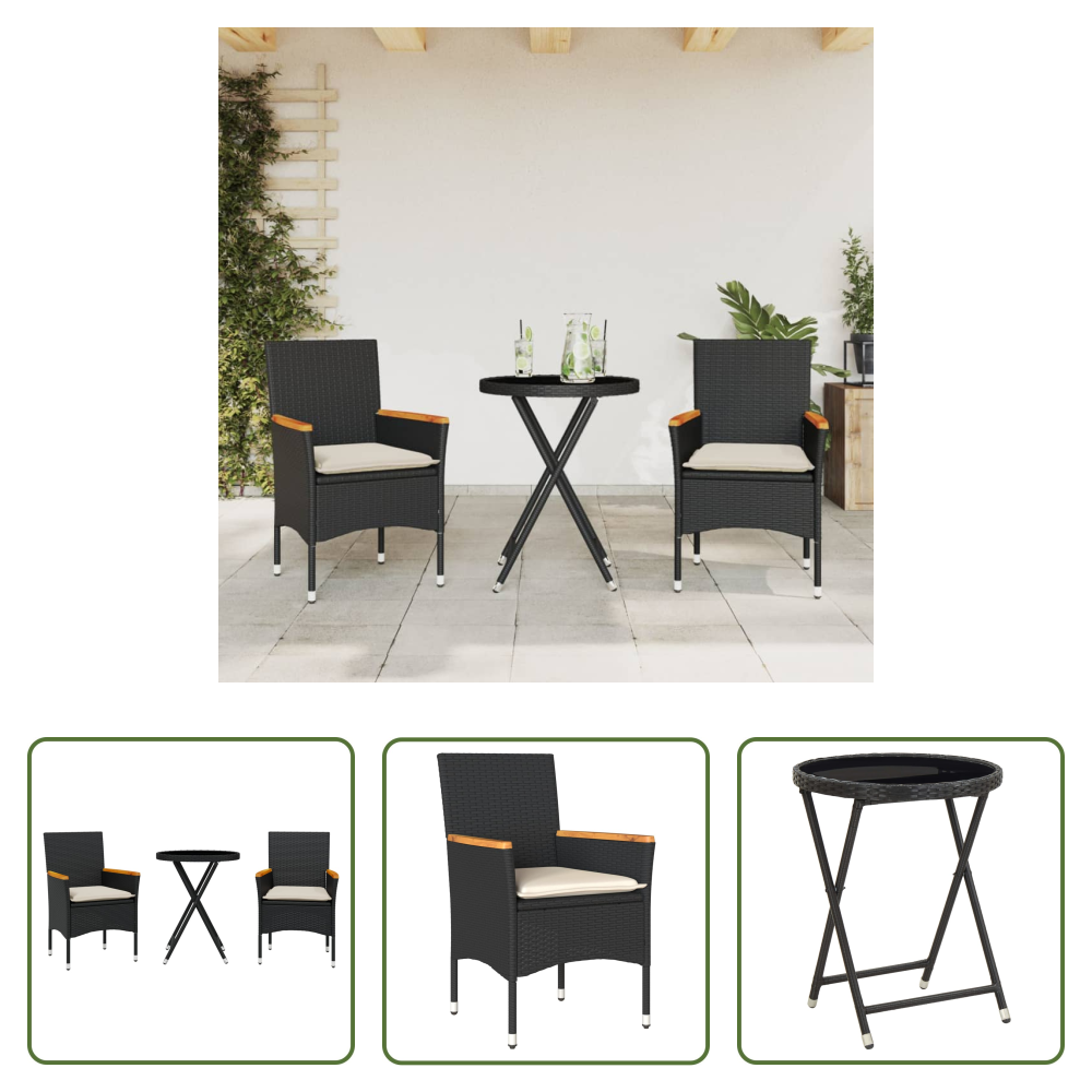 Bistro-set - 3-tlg. Bistro-set Mit Kissen Schwarz Poly Rattan Und Glas
