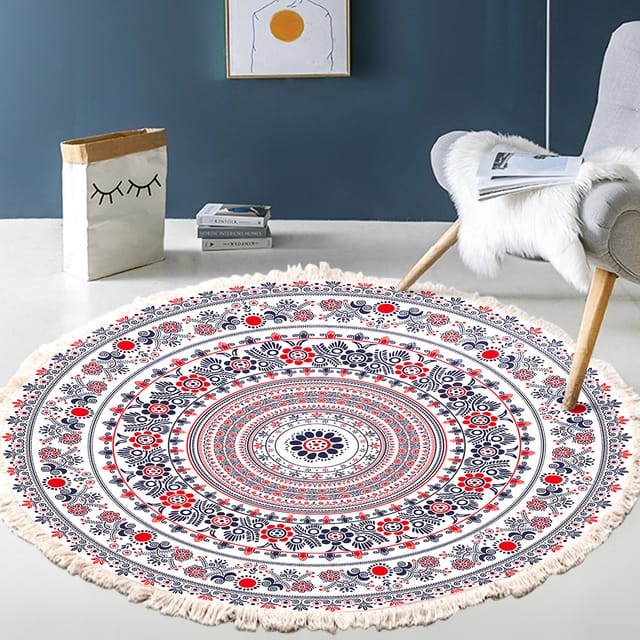 Wohnzimmerteppich, Rund, Handgewebt, Baumwolle, Mandala-muster, Vintage-stil, Bohemian-stil, Mit Quasten, Maschinenwaschbar, Für Schlafzimmer, Flur, Wohnzimmer, Couchtisch, 60 Cm, Rapanda