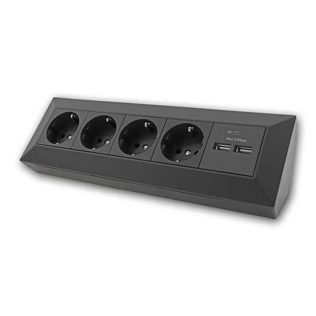 4-fach Steckdosenblock + 2x Usb, Schwarz, Aufbaumontage