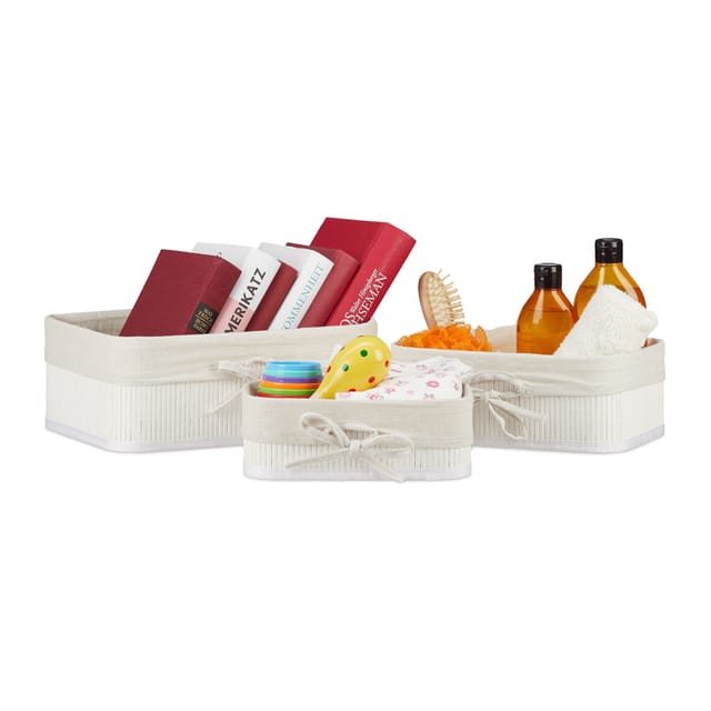 Relaxdays Aufbewahrungskorb 3er Set, Bambus Mit Stoffbezug, 3 Größen, Spielzeugkorb, Bad, Kosmetik & Handtücher, Weiß