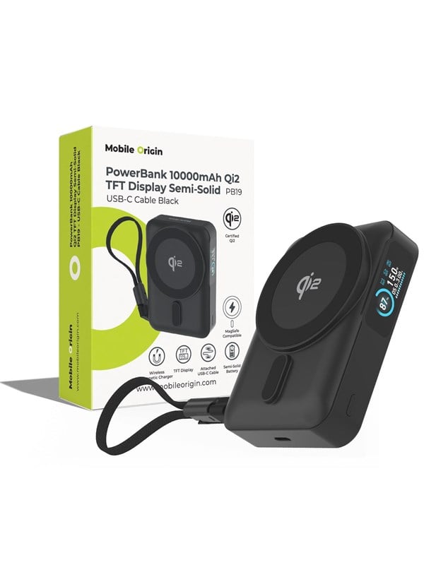 Mobile Origin PB19 Qi2 TFT Display Semi-solid Power Bank w Built in USB-C cable - Black - 10000 mAh