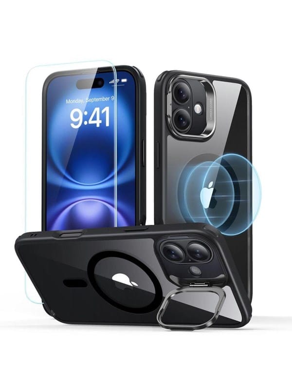 ESR Classic Hybrid Kickstand Halolock MagSafe Case Set Tempered Glass for iPhone 16 - Black