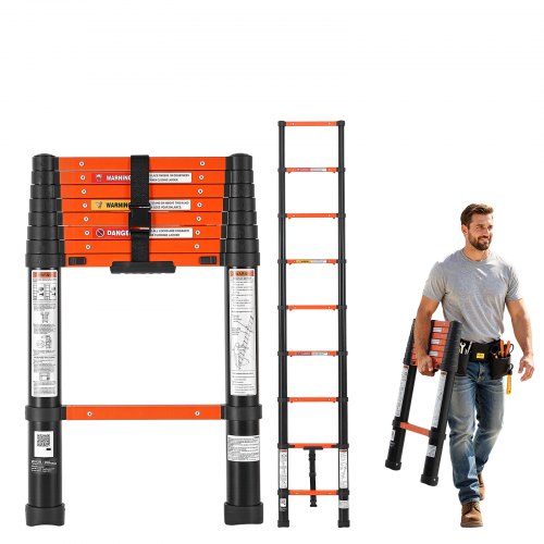 VEVOR Teleskopleiter 263cm Ausziehleiter 150kg Belastbare Aluminiumleiter, Tragbare Klappleiter für Dacharbeiten Fensterreinigung & Wohnmobile, Ein-Knopf-Einzug, Sicherheitsriegel, Rutschfeste Stufen