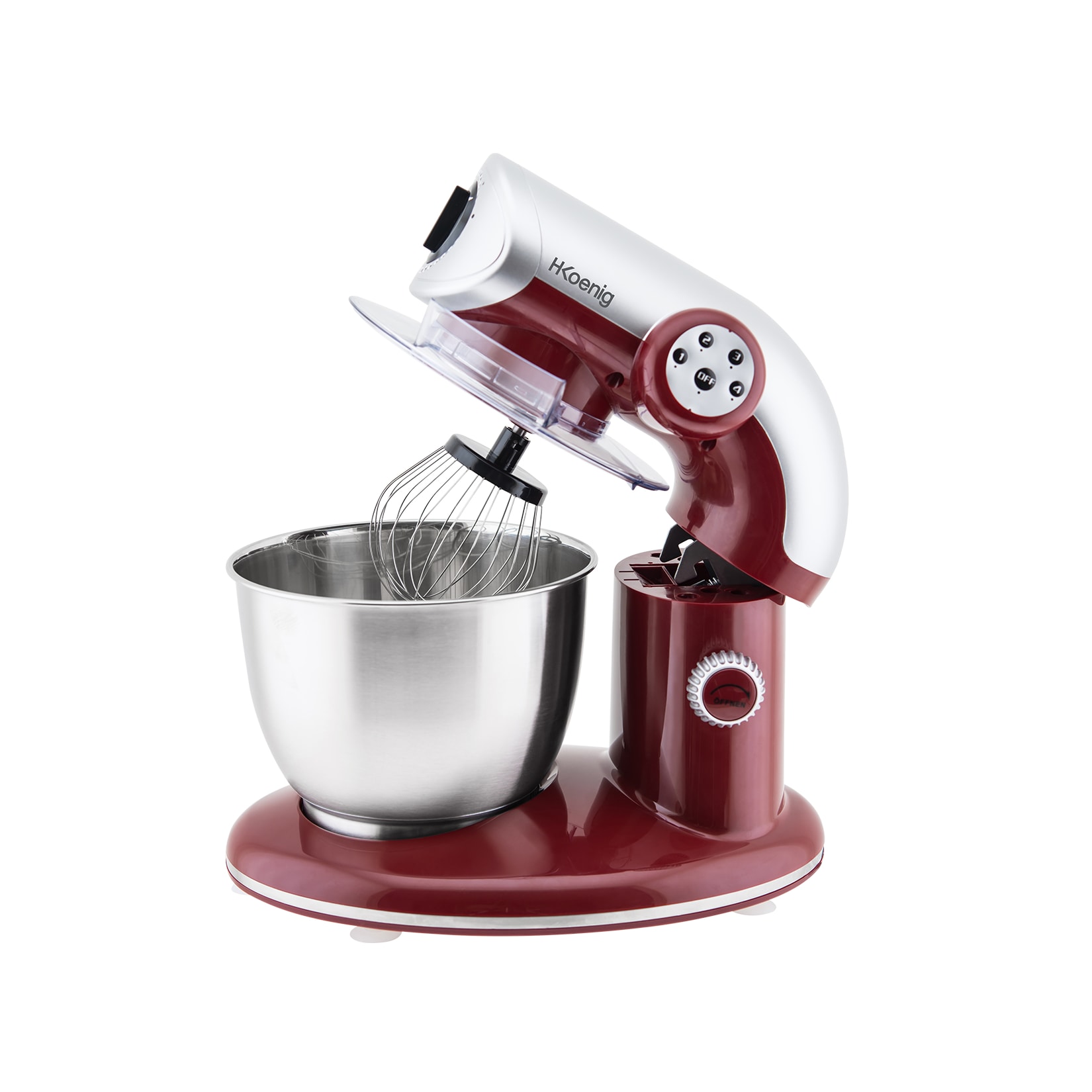 H.Koenig KM80 Küchenmaschine / 5 L Schüssel aus Edelstahl / bis zu 2kg Teig / 3 Aufsätze / 1000 W / 4 Geschwindigkeitsstufen / rot