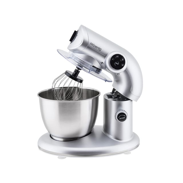 H.Koenig KM80 Küchenmaschine / 5 L Schüssel aus Edelstahl / bis zu 2kg Teig / 3 Aufsätze / 1000 W / 4 Geschwindigkeitsstufen / silber