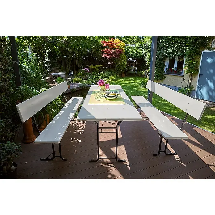 Bierzeltgarnitur (3 -tlg., Fichte/Stahl, Klappbar, Beige/Grau, Tisch (L x B x H): 220 x 70 x 77 cm, Bank (L x B): 220 x 30 cm)